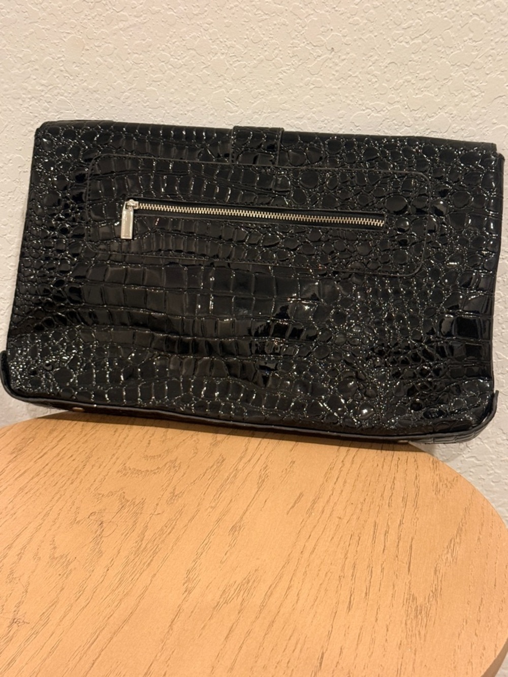 White‎ House Black Market Black Croc-Embossed Patent Clutch with Silver Buckle - Picture 2 of 6